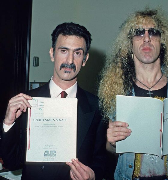 Frank Zappa and Dee Snider pictured at Senate testimony about the PRMC Filthy Fifteen